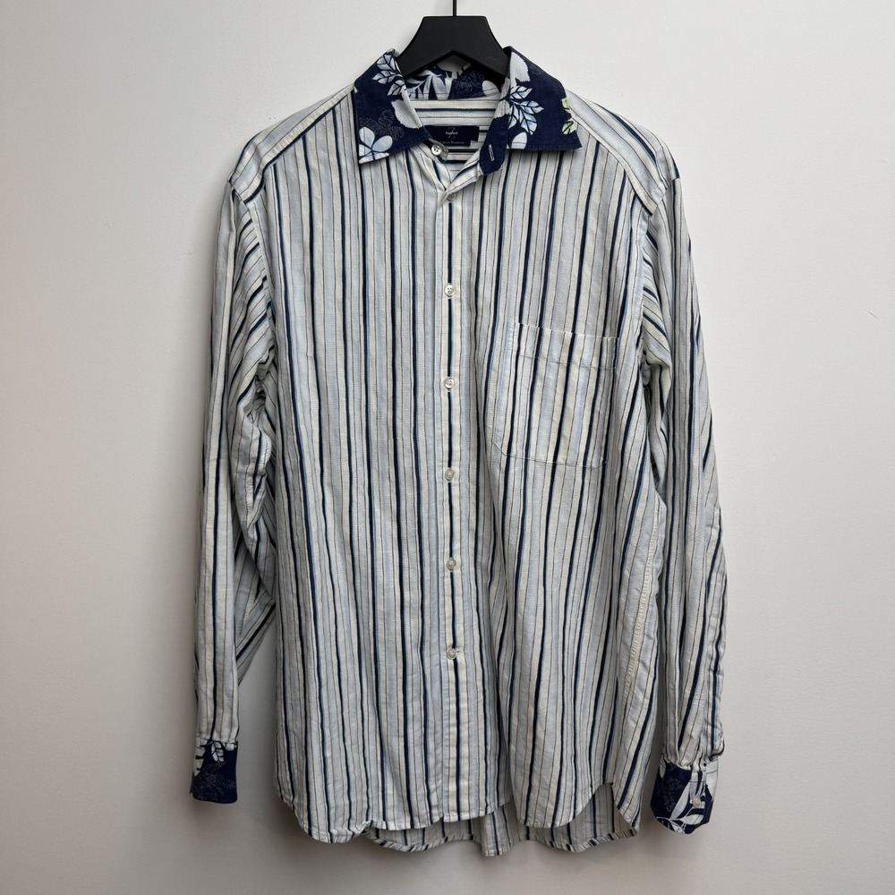 Ermenegildo Zegna Sport Button Down Shirt M Blue Striped Floral Casual Men's